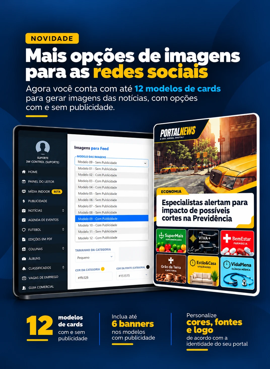 Painel com 12 modelos de cards para redes sociais, com e sem publicidade, e exemplo de imagem com seis banners
