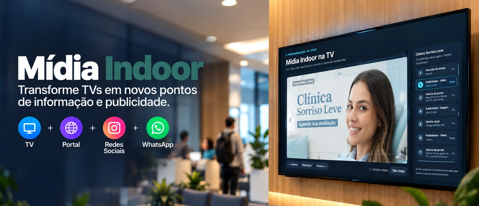 Mídia Indoor em uma recepção, conectando o portal de notícias, a TV, as redes sociais e o WhatsApp
